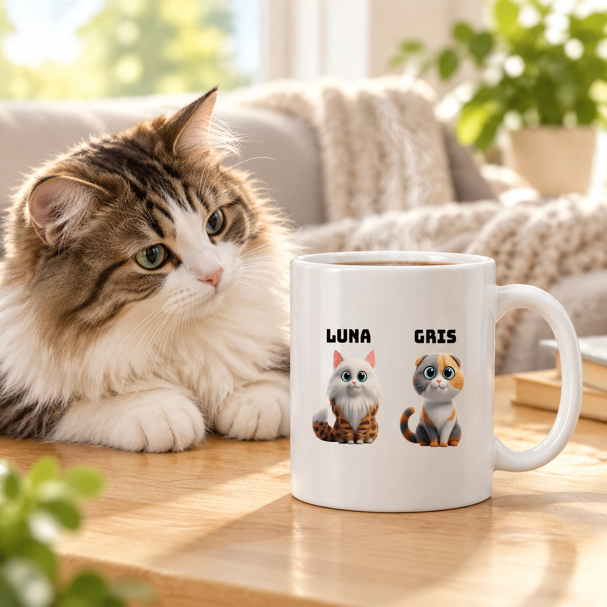Taza de gatos personalizada en un salón acogedor