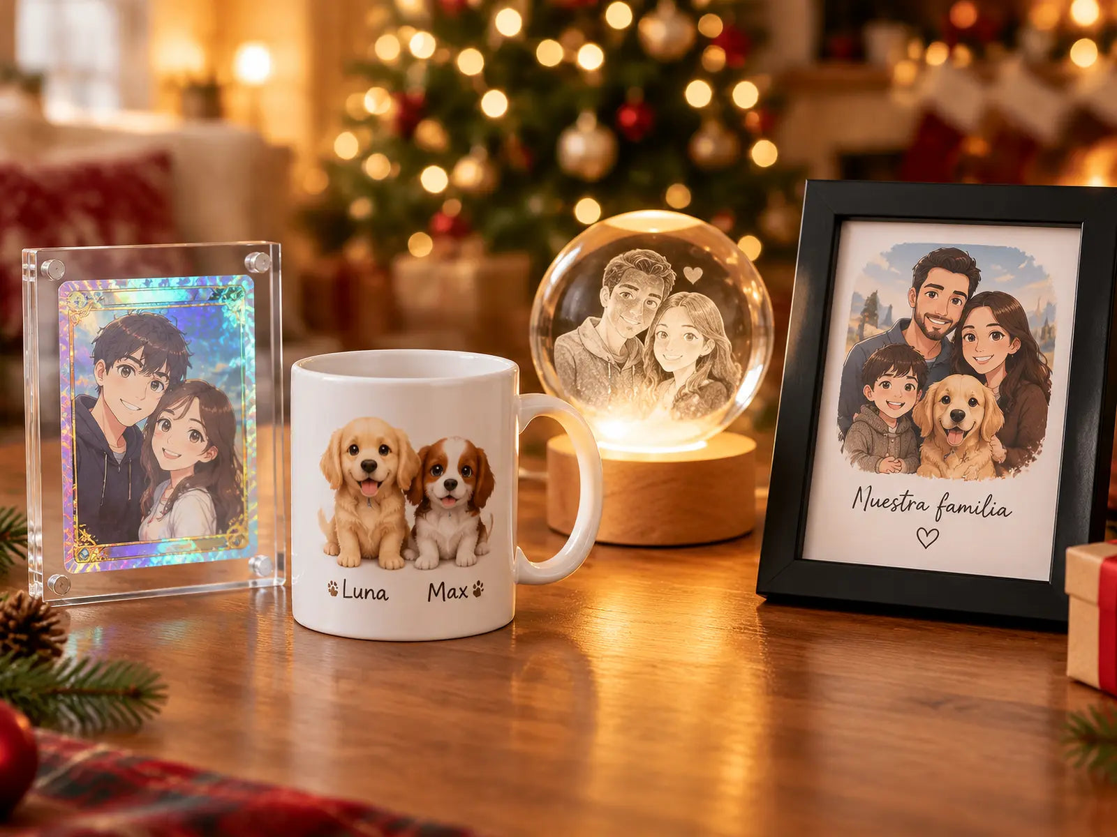 Carta coleccionable, taza con perritos, bola de cristal y cuadro de familia personalizados