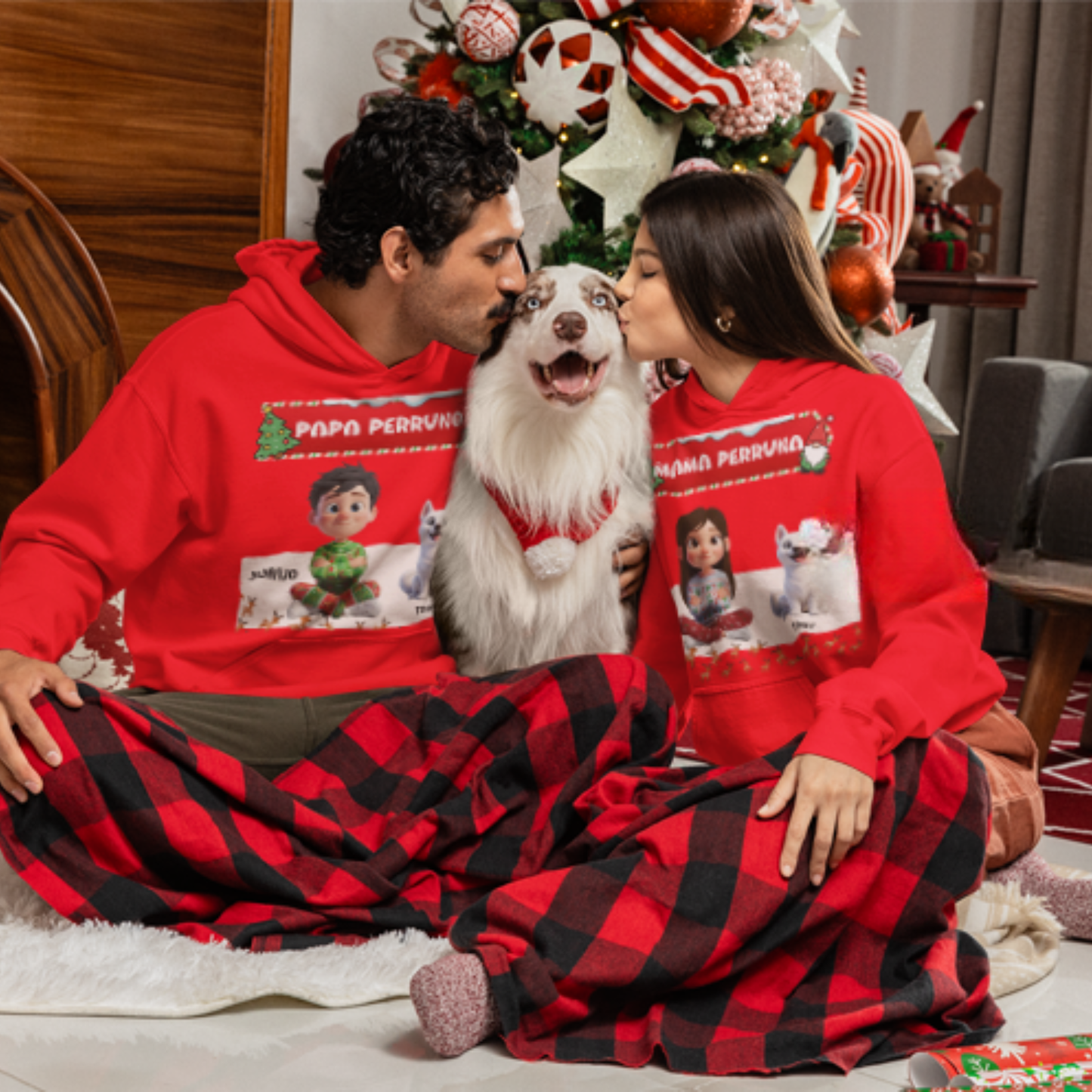 Sudadera Navideña Personalizada "Mamá y Papá Perruno" | Regalo para Dueños de Perros | Diseño Cartoon 3D con Nombre