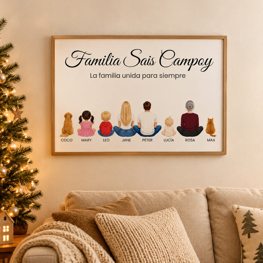 Cuadro de familia personalizado con la familia de espaldas en el salón