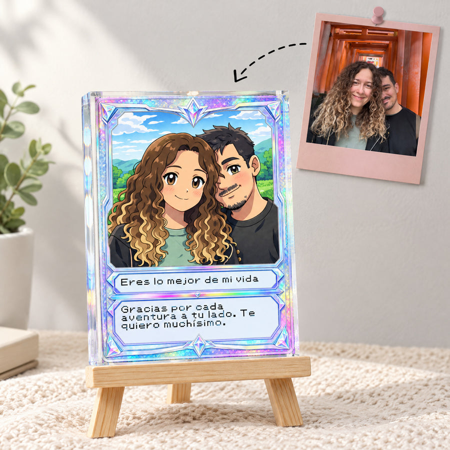 Carta Pokémon personalizada holográfica en bloque acrílico sobre caballete, con la foto original de la pareja