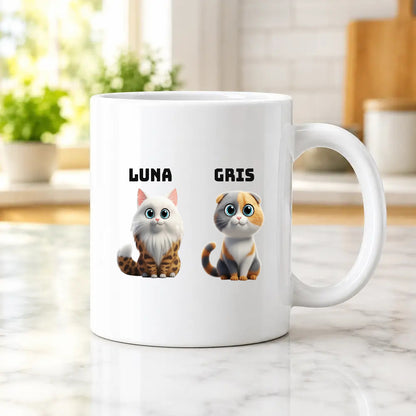 Taza personalizada con dos gatos y sus nombres