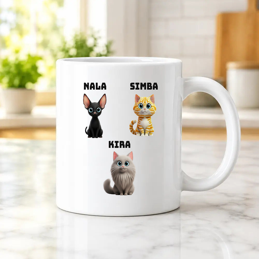 Taza personalizada con tres gatos y sus nombres