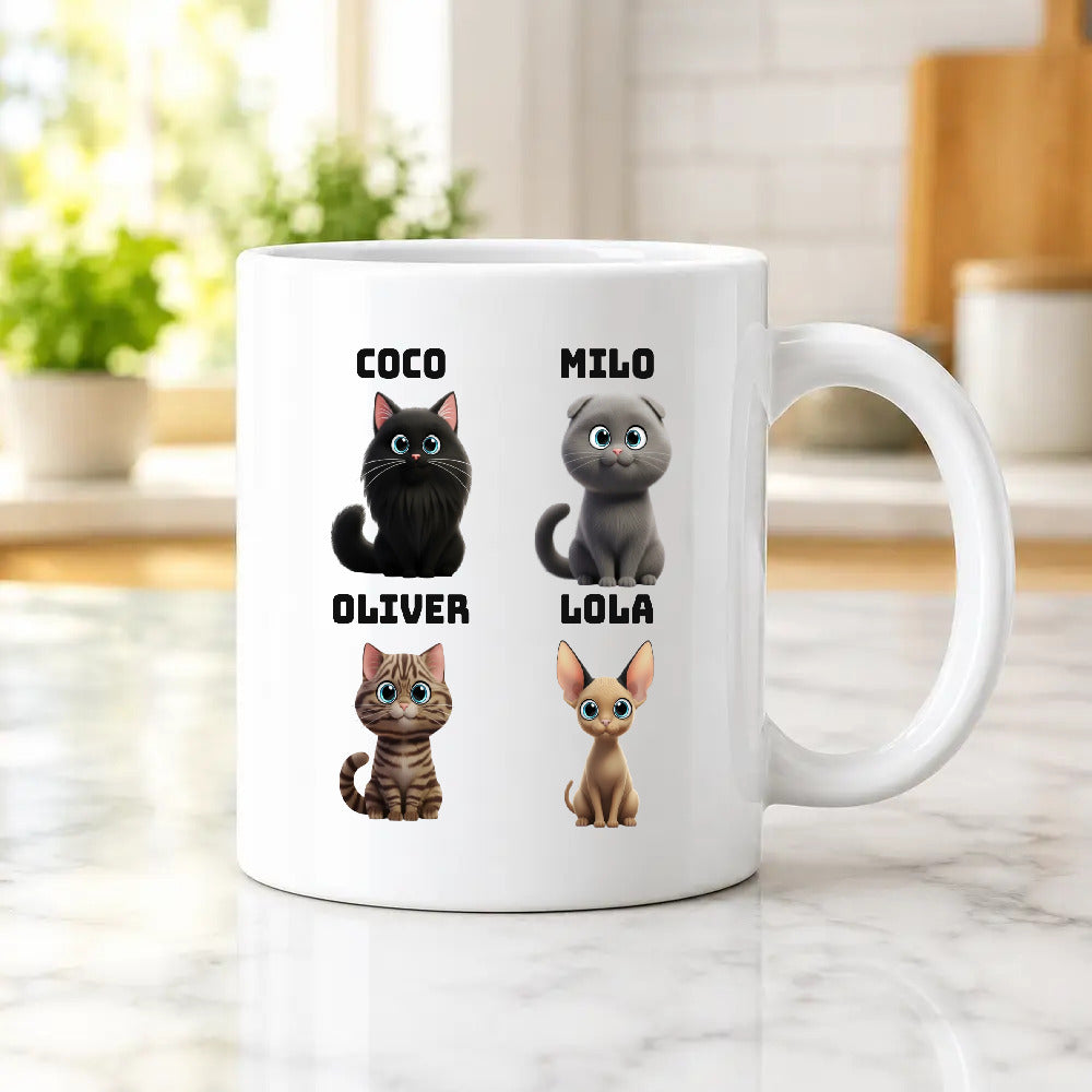 Taza personalizada con cuatro gatos y sus nombres
