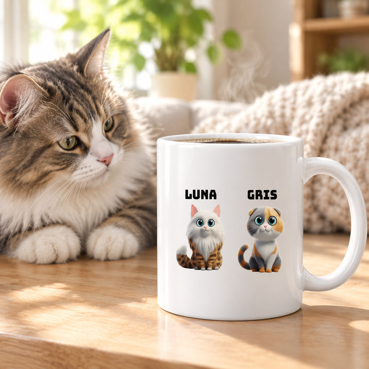 Taza personalizada con dos gatos y sus nombres junto a un gato de verdad