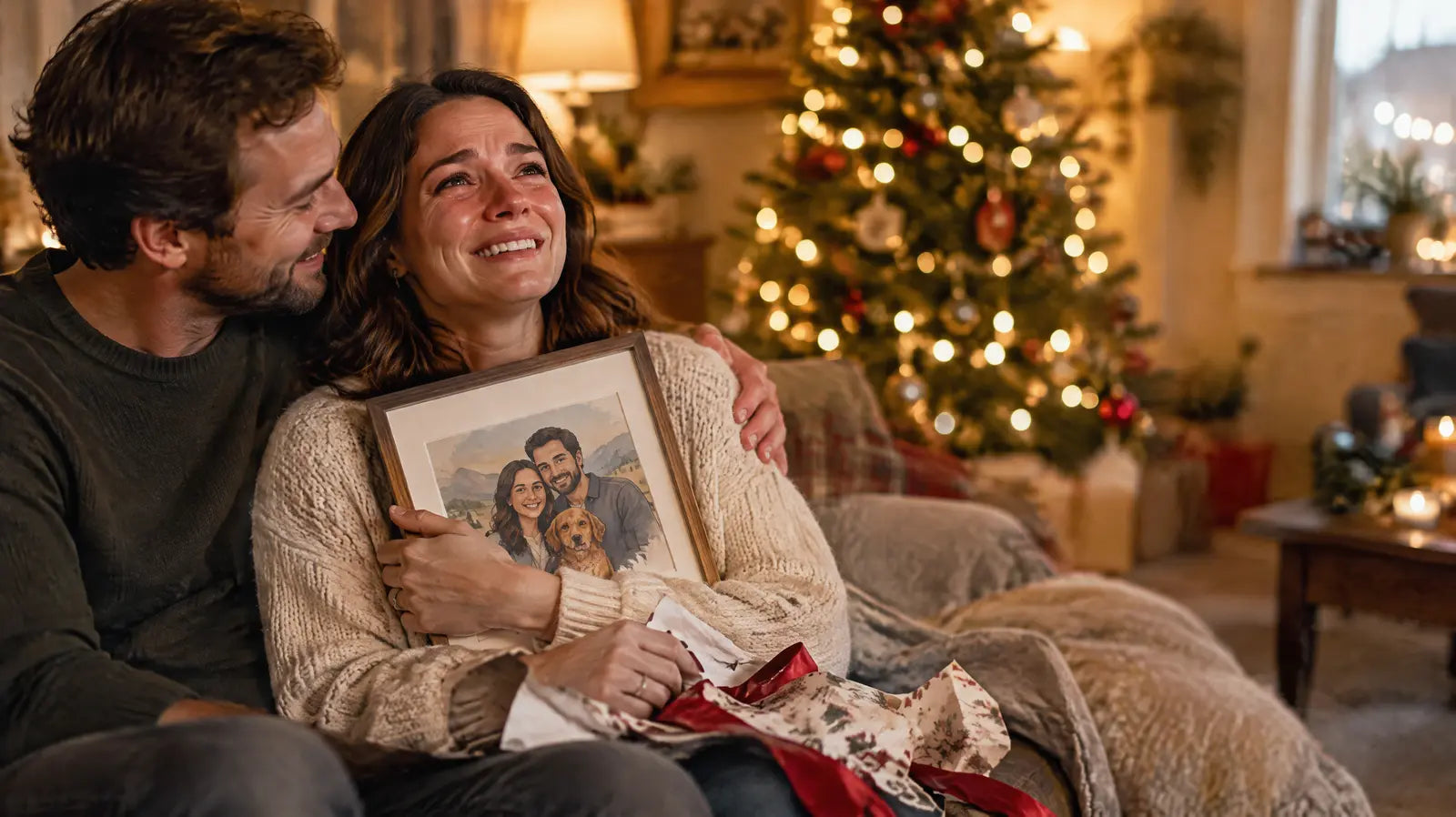 Una mujer llora de emoción al abrir su regalo personalizado junto a su pareja